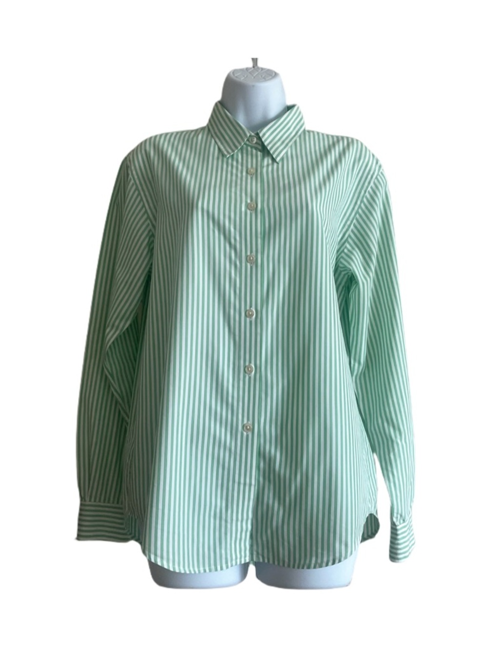 Lands' End Mint Green and White Striped Button-Up